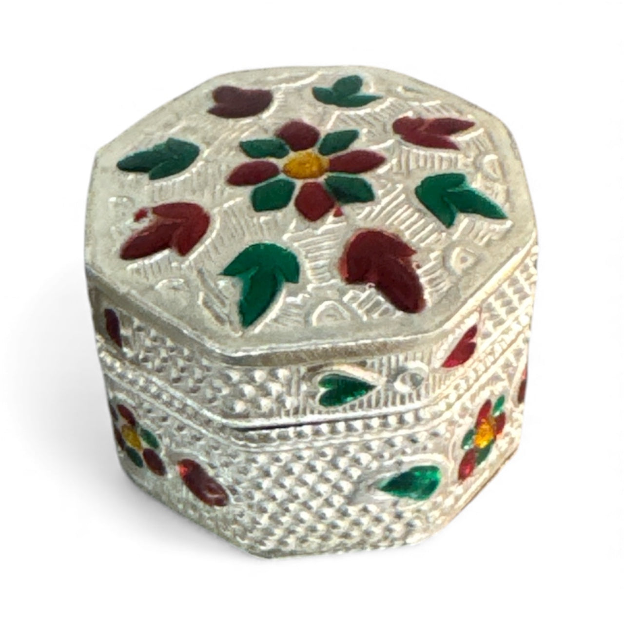 Meenakari Silver Dibbi | Handcrafted 92.5 Silver Box with Floral Enamel Work