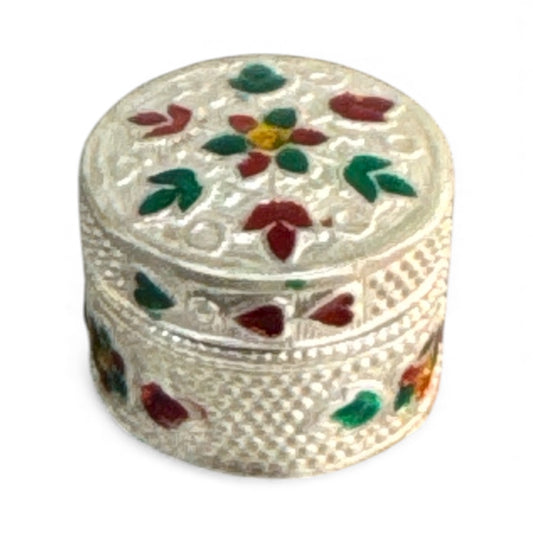Meenakari Work Silver Plated Kumkum Box – Handcrafted Round Sindoor Dani for Puja