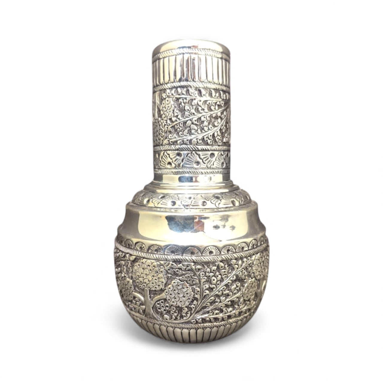 Pure Silver Nakshi Room Set Kalash – Handcrafted 92.5 Sterling Silver Pot with Floral and Tree Design |