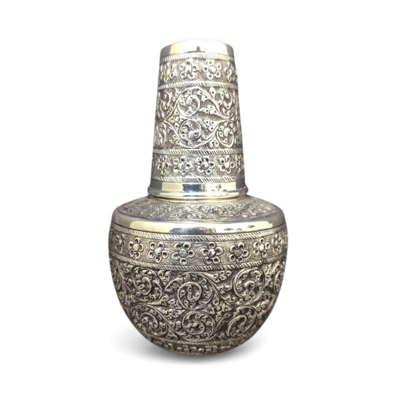 Pure Silver Nakshi Room Set Kalash – Handcrafted 92.5 Silver Floral Pot |Traditional Temple Silverware