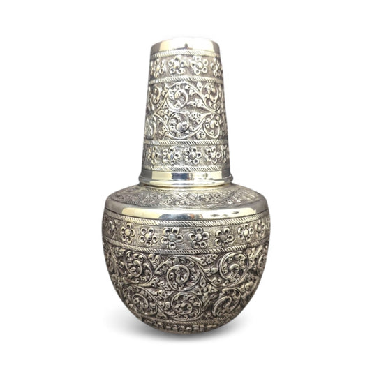 Pure Silver Nakshi Room Set Kalash – Handcrafted 92.5 Silver Floral Pot |Traditional Temple Silverware