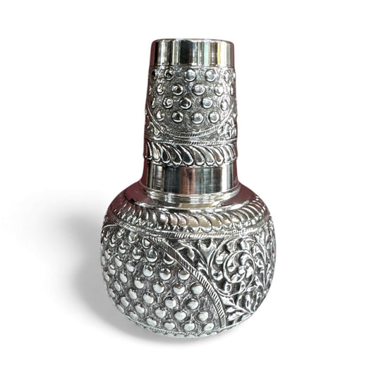 Pure Silver Room Set Kalash – Handcrafted 92.5 Silver Nakshi Dotted Floral Pot |Silver Pooja Kalash