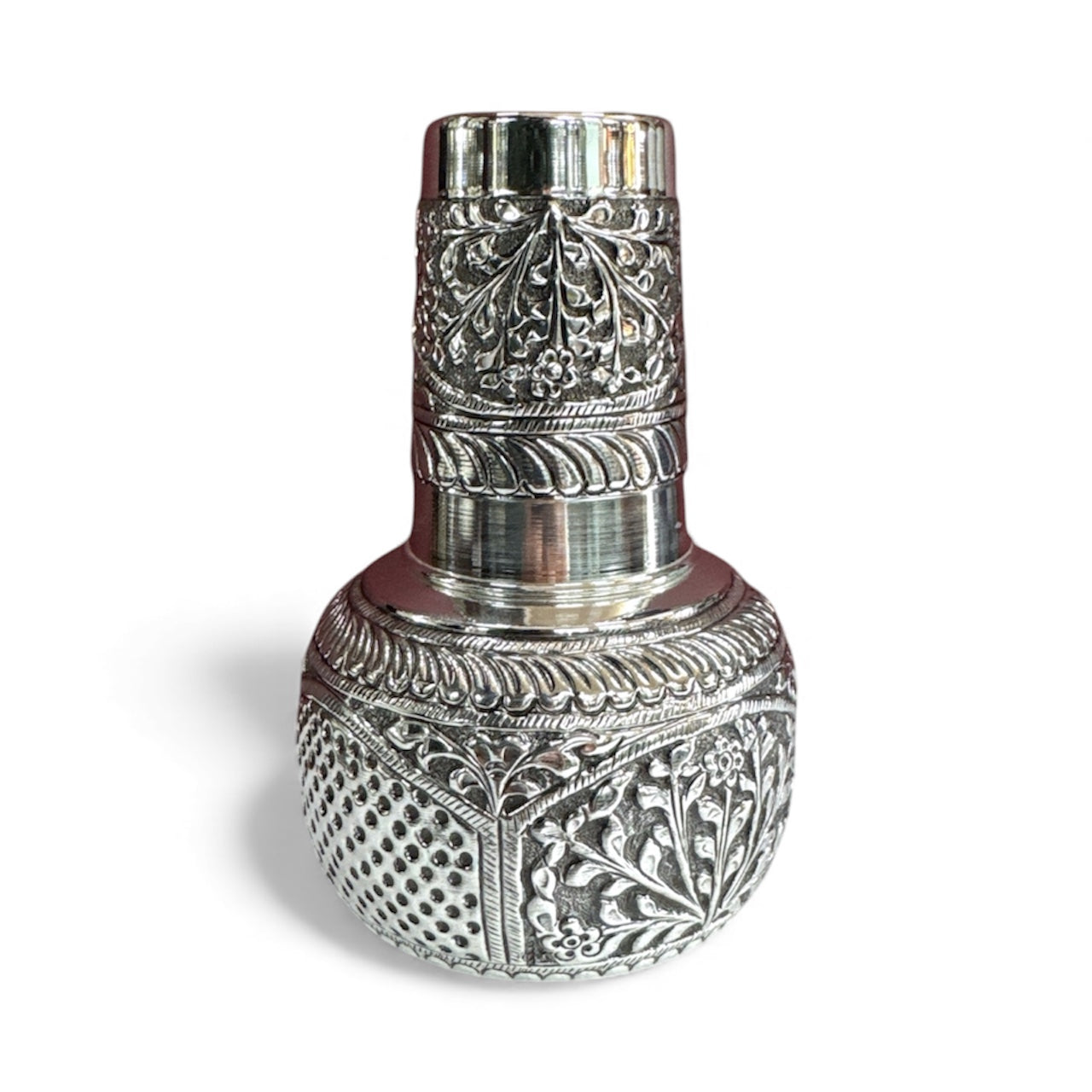 Pure Silver Room Set Kalash – Handcrafted 92.5 Silver Nakshi Floral Dotted Design Pot |Traditional Temple Silverware